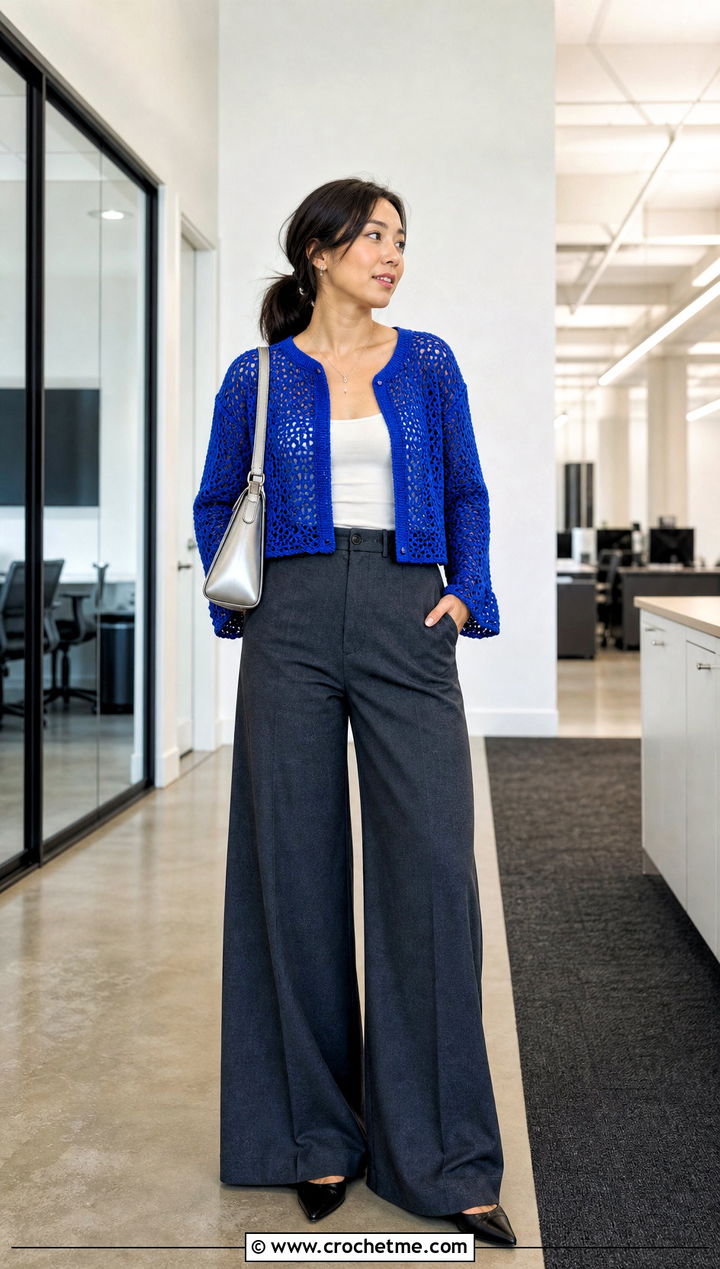 Cropped Crochet Sweater With Wide Leg Trousers - 25 Woman Crochet Sweater outfit ideas