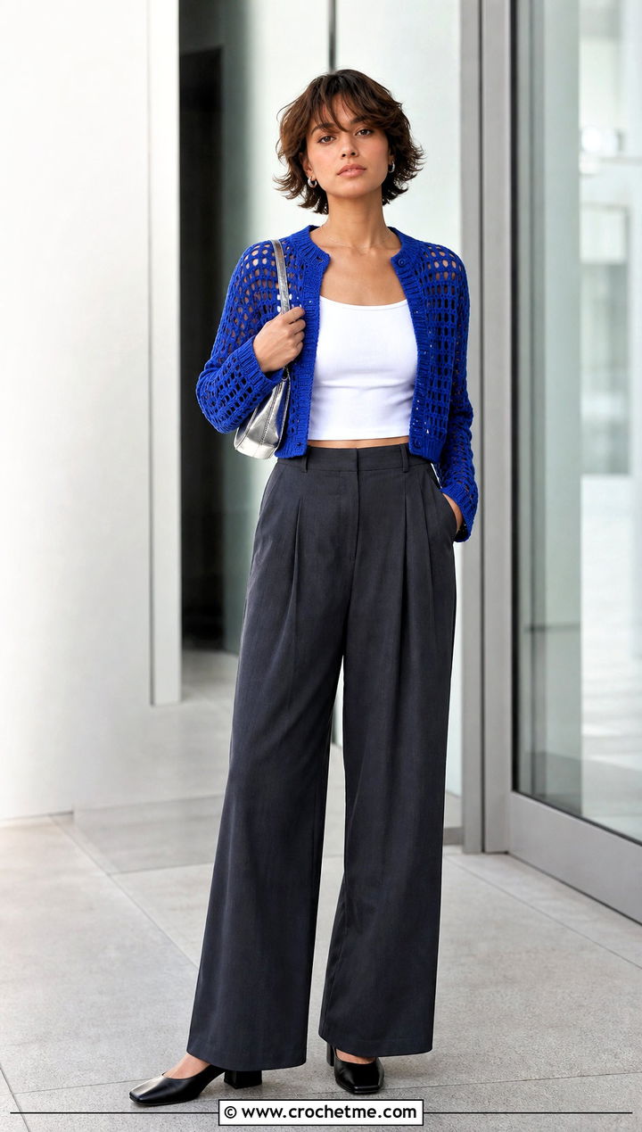 Cropped Crochet Sweater With Wide Leg Trousers - 20 Comfy Crochet Sweater outfit ideas