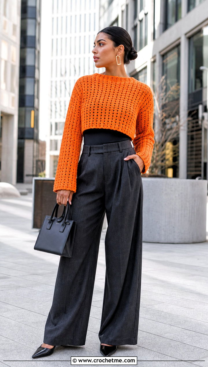 Cropped Crochet Sweater With Wide Leg Trousers - 30 crochet key sweater outfit ideas