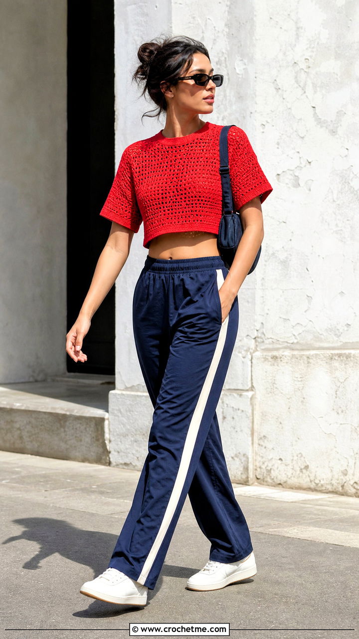 Cropped Crochet T Shirt With Track Pants - 35 boho crochet tops outfit ideas