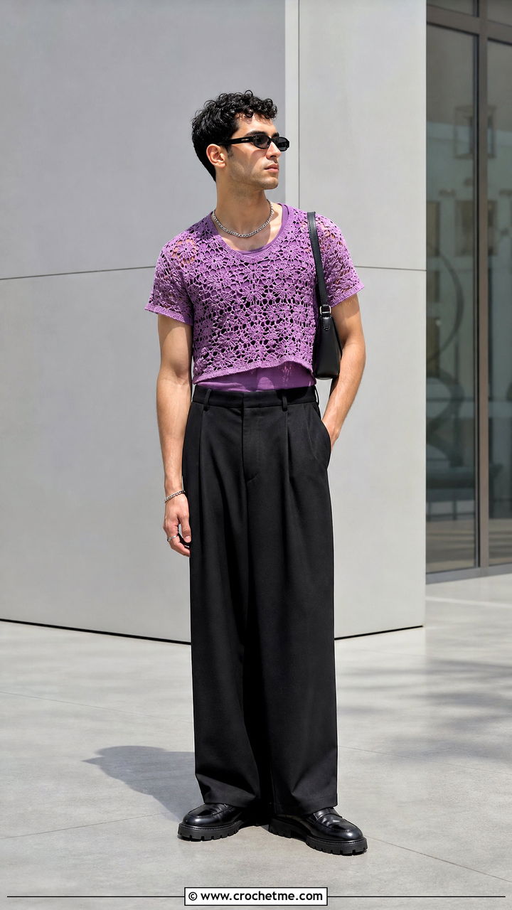 Cropped Crochet T Shirt With Wide Leg Trousers - 35 crochet top for men outfit ideas