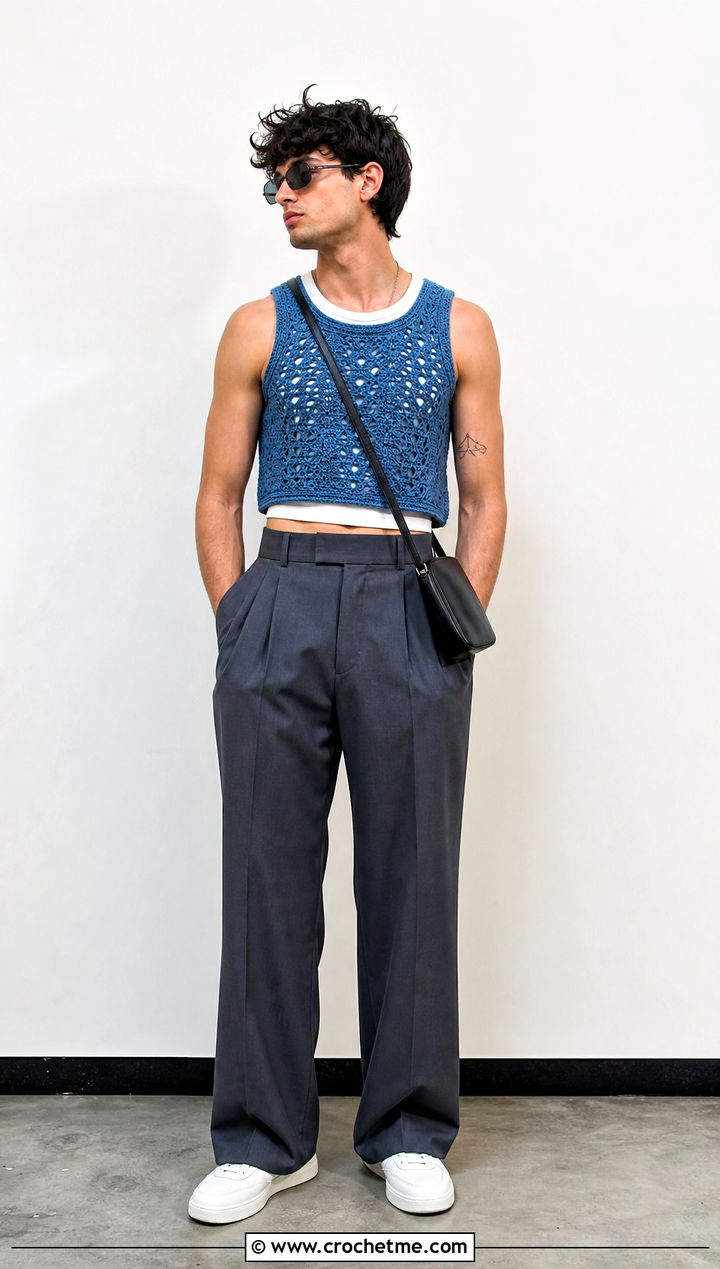 Cropped Crochet Tank Top With High Waisted Trousers - 25 crochet mens tank top outfit ideas