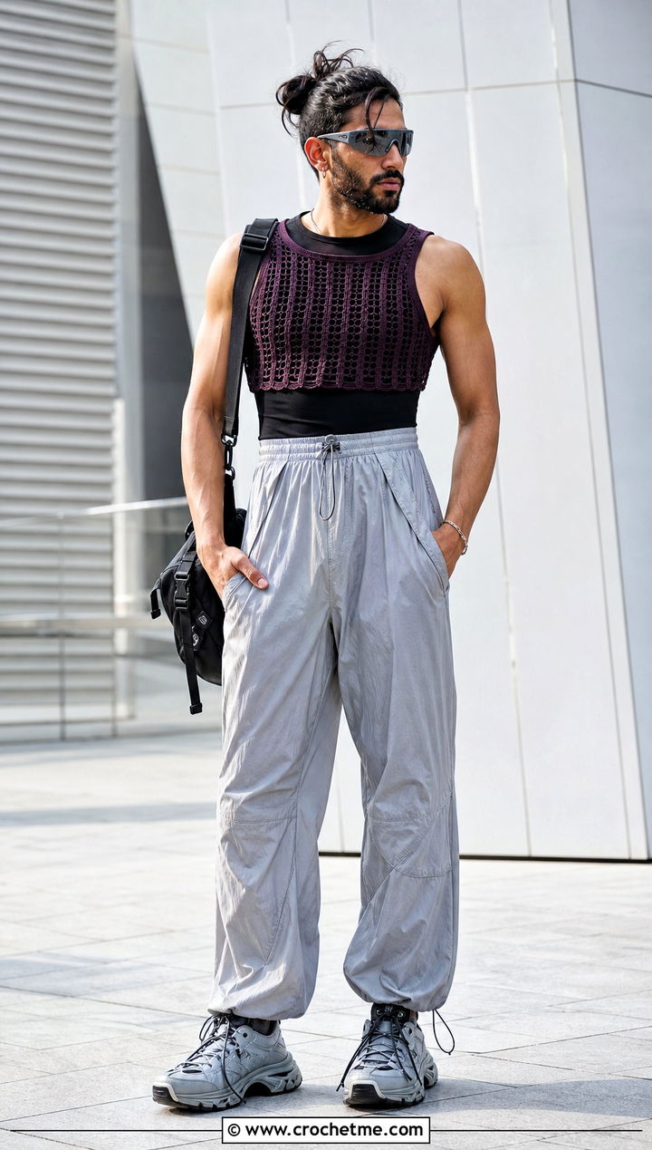 Cropped Crochet Tank Top With Parachute Pants - 30 Mens Crochet Tank Top outfit ideas
