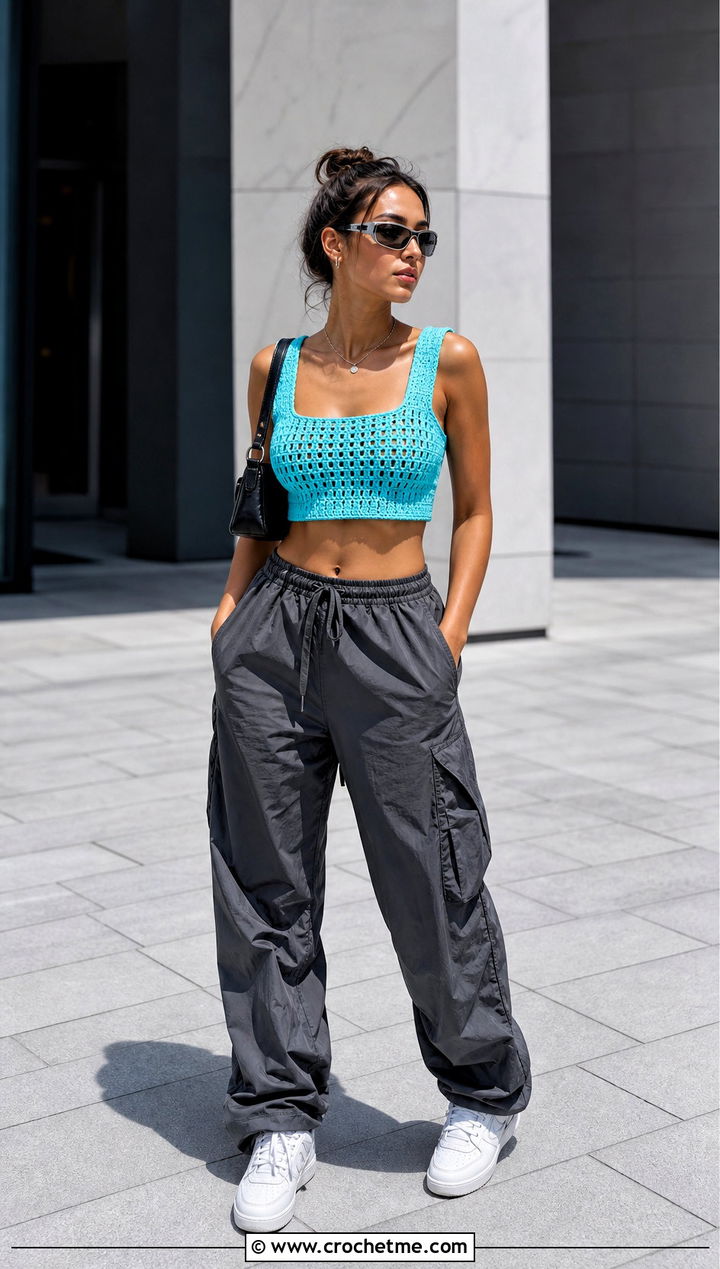 Cropped Crochet Tank Vest With Parachute Pants - 35 crochet vest for women outfit ideas
