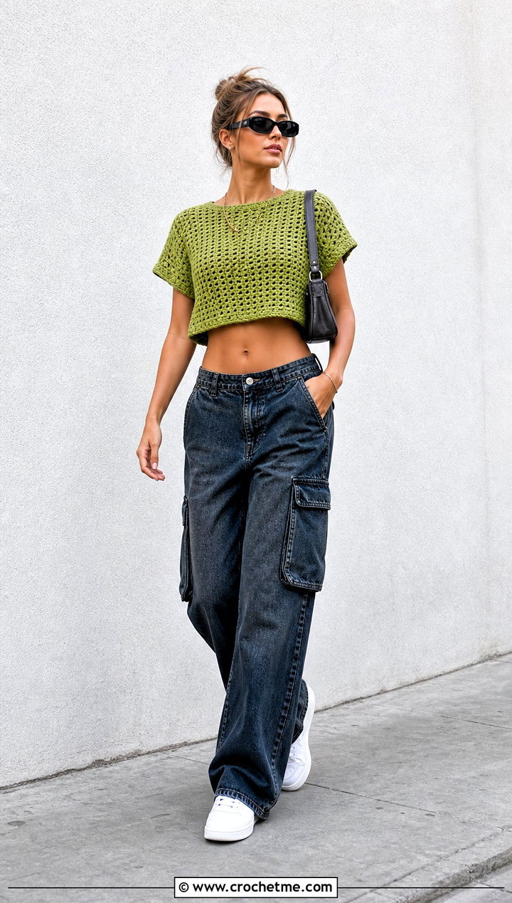 Cropped Crochet Tee With Cargo Jeans - 30 crochet top for outfit ideas
