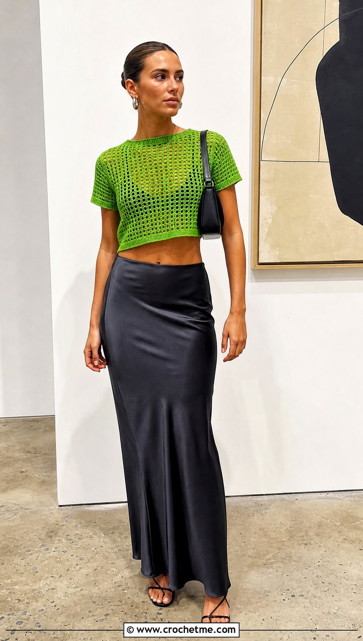 Cropped Crochet Tee With Satin Slip Skirt - 25 easy crochet summer tops for beginners outfit ideas