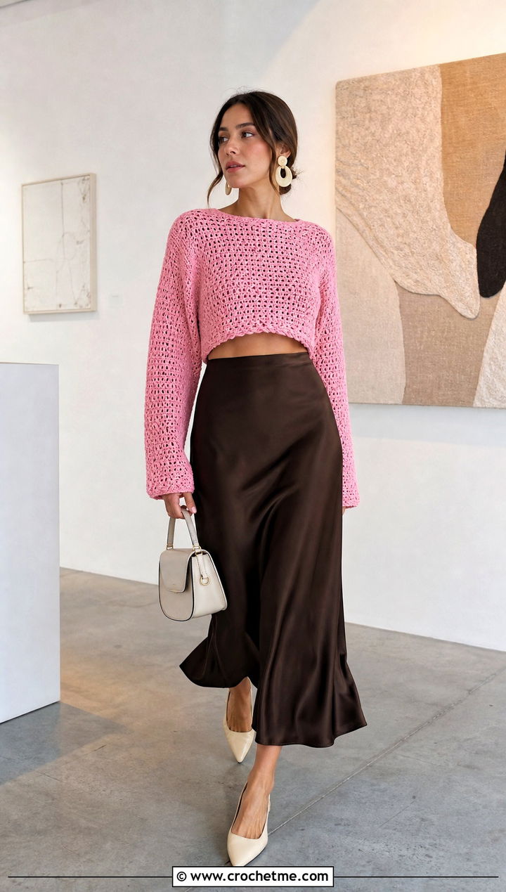 Cropped Crochet Top Down Sweater With Satin Midi Skirt - 15 Crochet Top Down Sweater outfit ideas