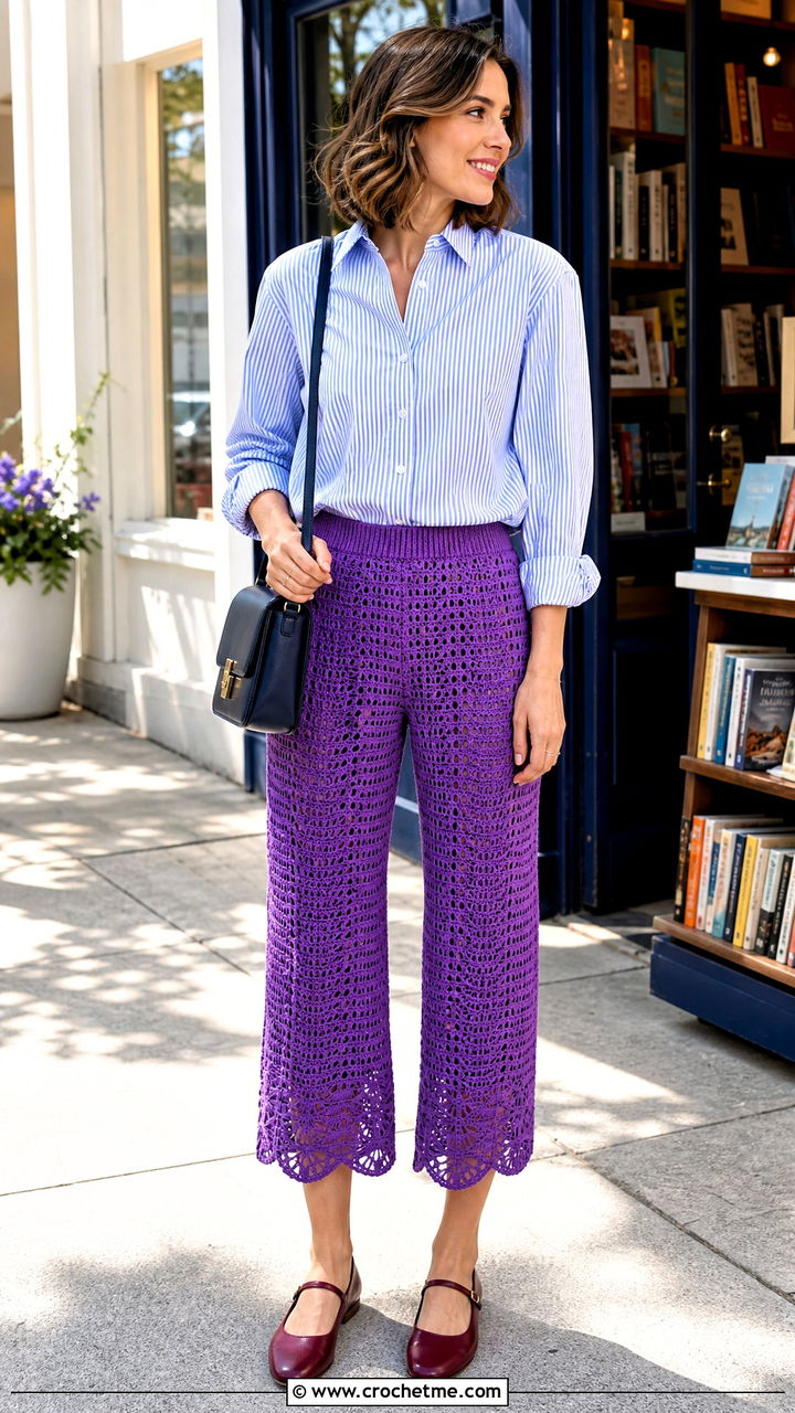 Cropped Crochet Trousers With Striped Oxford Shirt - 35 crochet trousers outfit ideas