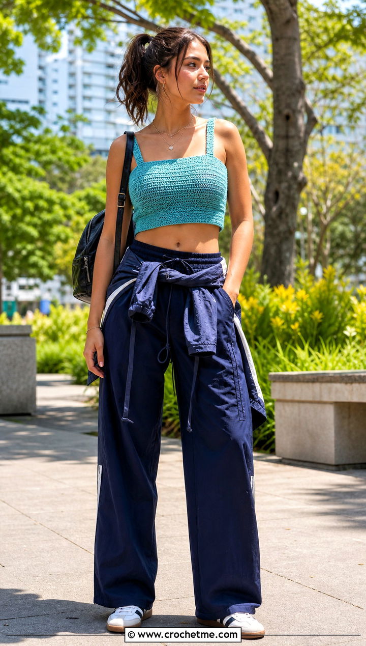 Cropped Crochet Tube Top With Track Pants - 30 Crochet Tube Top With Straps outfit ideas