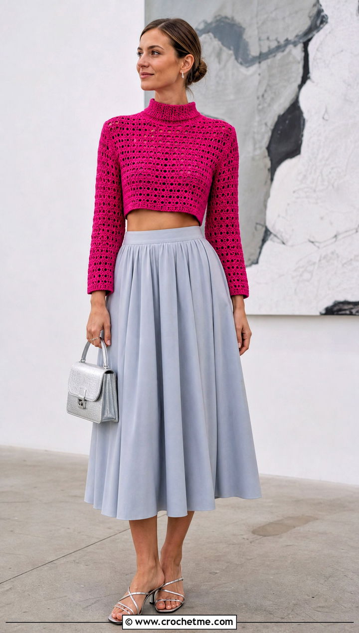 Cropped Crochet Turtleneck Pullover With Full Midi Skirt - 25 crochet summer pullover outfit ideas