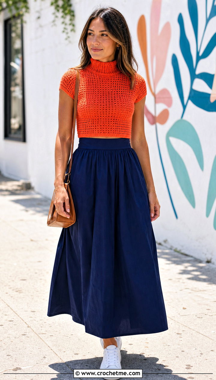 Cropped Crochet Turtleneck Top With Maxi Skirt - 30 crochet turtleneck top outfit ideas