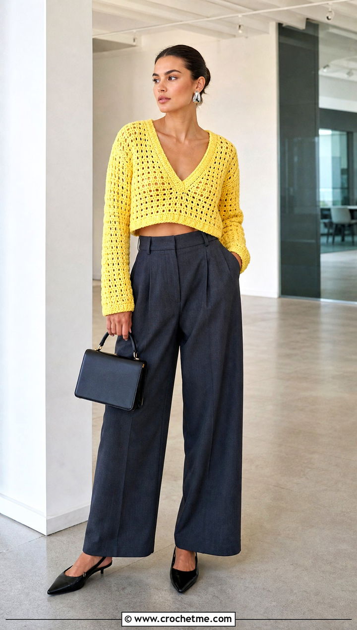 Cropped Crochet V Neck Sweater With Wide Leg Trousers - 25 Crochet Vneck Sweater outfit ideas