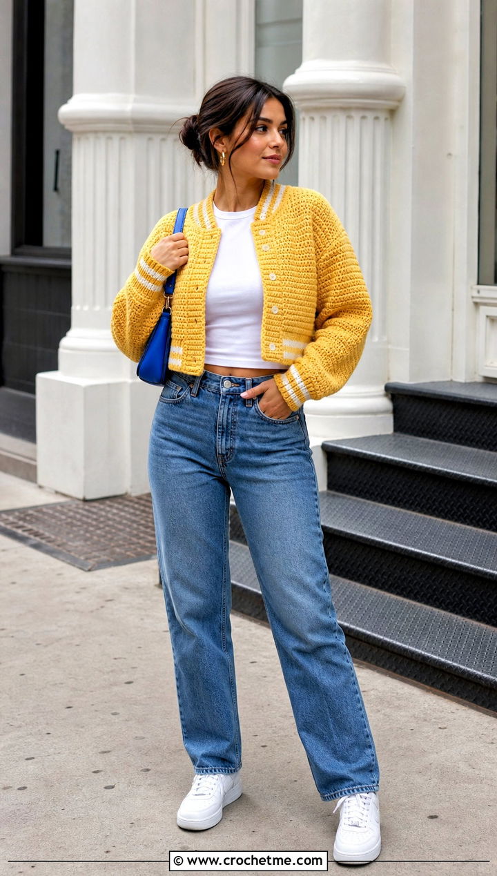 Cropped Crochet Varsity Jacket With Straight Leg Jeans - 35 crochet varsity jacket outfit ideas
