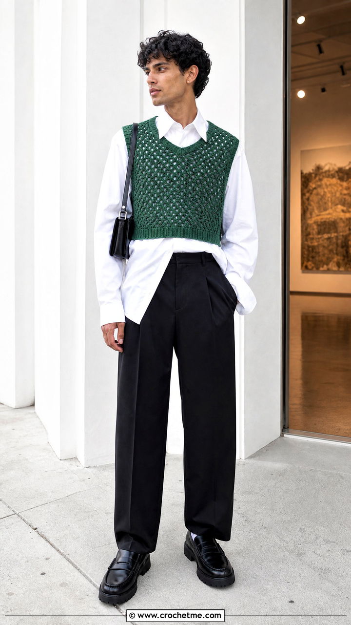 Cropped Crochet Vest With Boxy Shirt And High Waisted Pants - 35 crochet vest for men outfit ideas