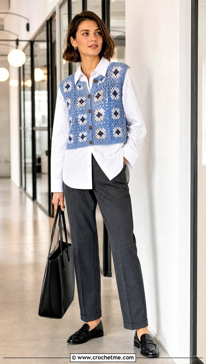 Cropped Crochet Vest With Button Down Shirt And Trousers - 30 begginer crochet top outfit ideas