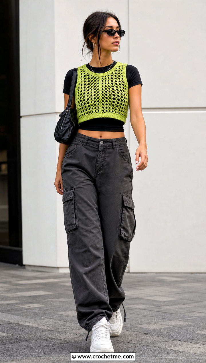 Cropped Crochet Vest With Cargo Pants - 15 green crochet vest design outfit ideas