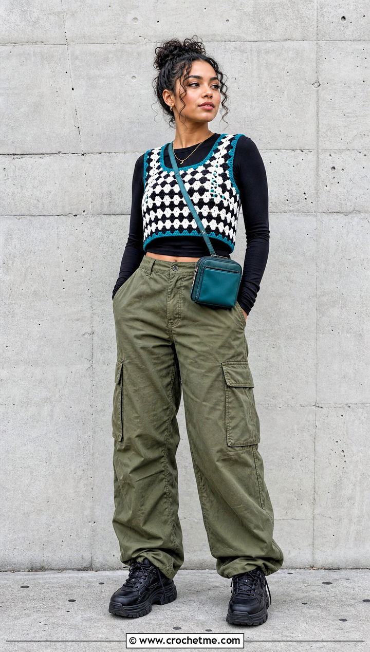 Cropped Crochet Vest With Cargo Pants - 30 black and white crochet vest outfit ideas