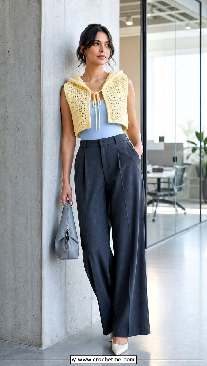 Cropped Crochet Vest With Hood And Wide Leg Trousers - 30 crochet vest with hood outfit ideas