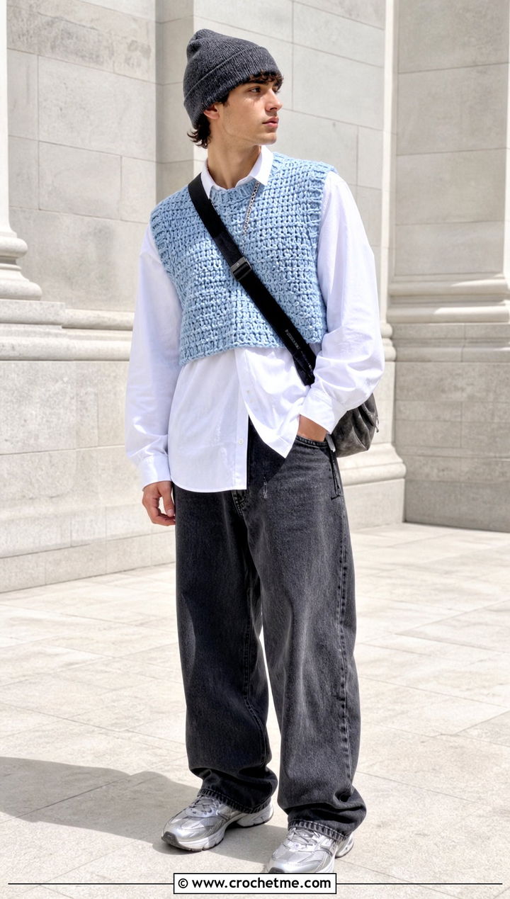 Cropped Crochet Vest With Oversized Shirt And Baggy Jeans - 30 mens crochet vest outfit ideas