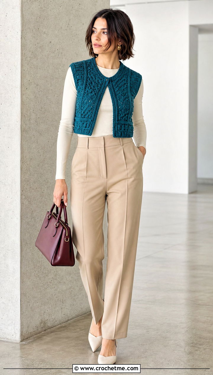 Cropped Crochet Vest With Tailored Trousers - 20 crochet vest outfit aesthetic outfit ideas