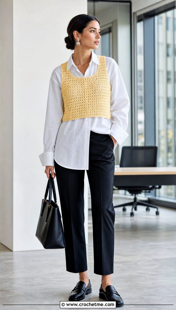 Cropped Crochet Vest With White Button Down - 35 crochet vest ideas