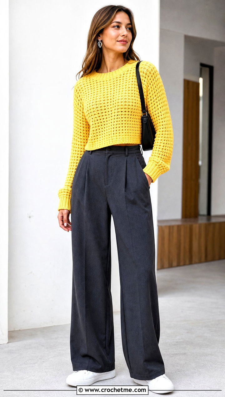 Cropped Crochet Waffle Crewneck Sweater With Wide Leg Trousers - 15 Crochet Waffle Sweater outfit ideas