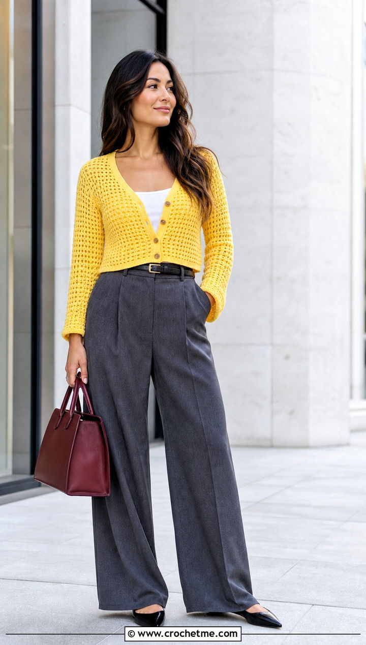 Cropped Crochet Waffle Stitch Cardigan With Wide Leg Trousers - 25 crochet waffle stitch cardigan outfit ideas