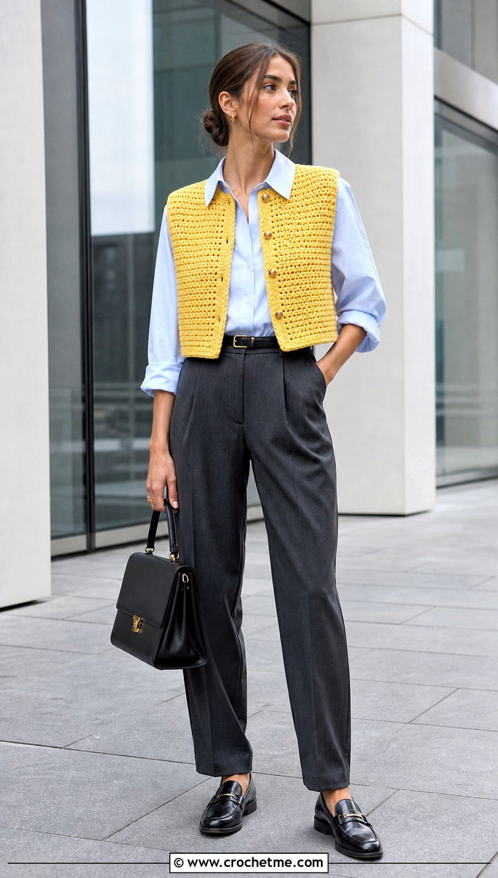 Cropped Crochet Waistcoat With Tailored Trousers - 15 crochet vest coats & jackets outfit ideas