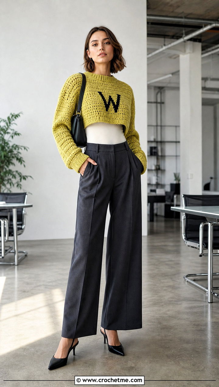Cropped Crochet Weasley Sweater With Wide Leg Trousers - 35 crochet weasley sweater outfit ideas