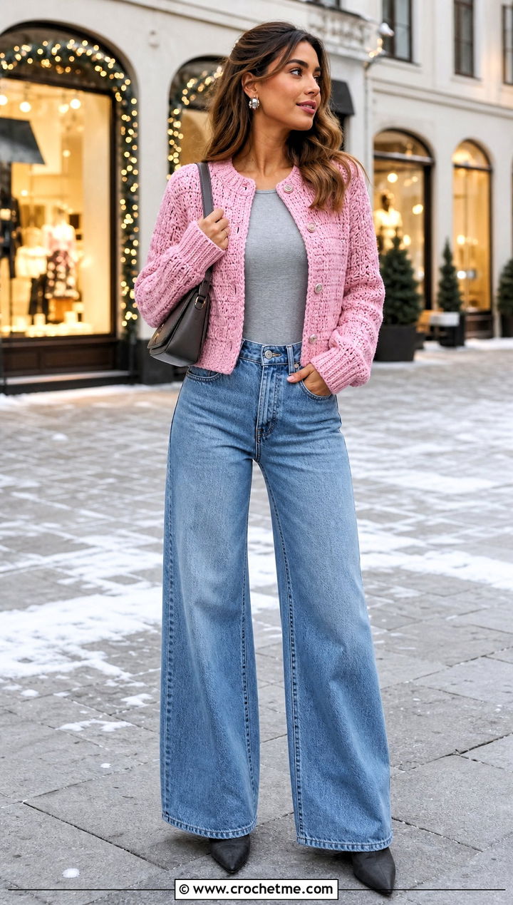 Cropped Crochet Winter Cardigan With Wide Leg Jeans - 25 crochet winter cardigan outfit ideas