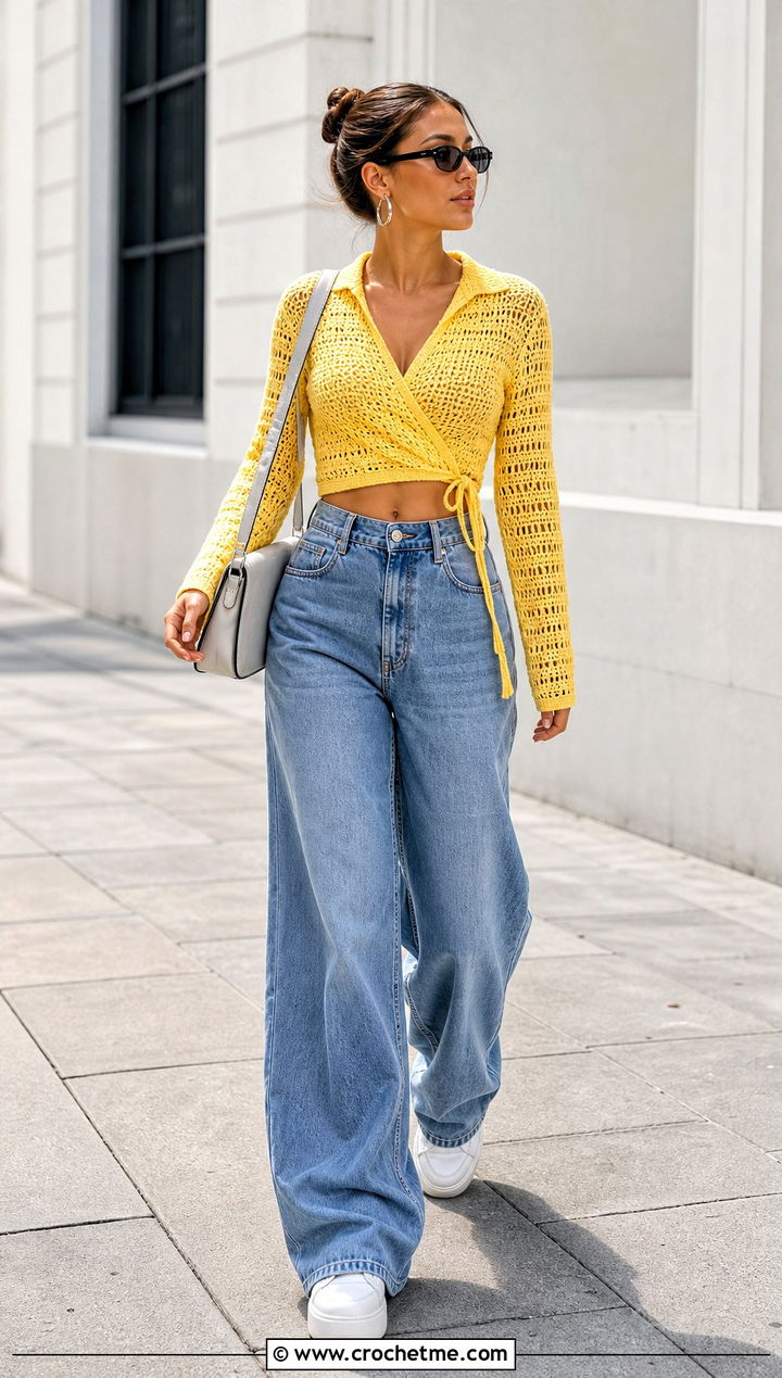 Cropped Crochet Wrap Shirt With Wide Leg Jeans - 30 crochet wrap shirt outfit ideas