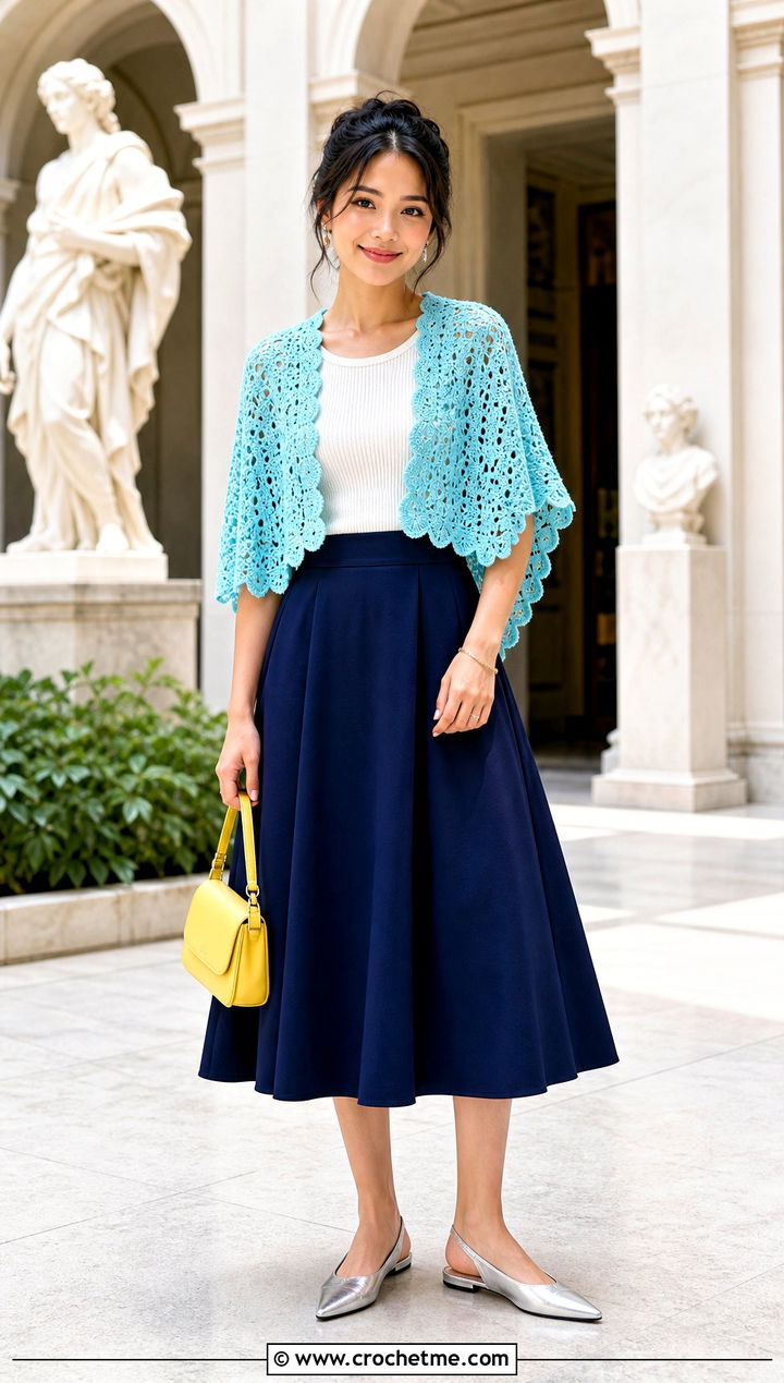 Cropped Crocheted Ruana With High Waisted Midi Skirt - 20 Crocheted Ruana outfit ideas