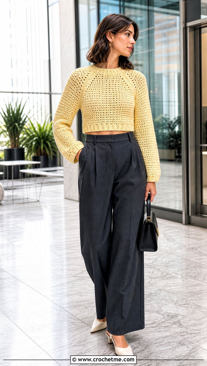 Cropped DK Weight Crochet Raglan Sweater With Wide Leg Trousers - 25 Dk Weight Crochet Sweater outfit ideas