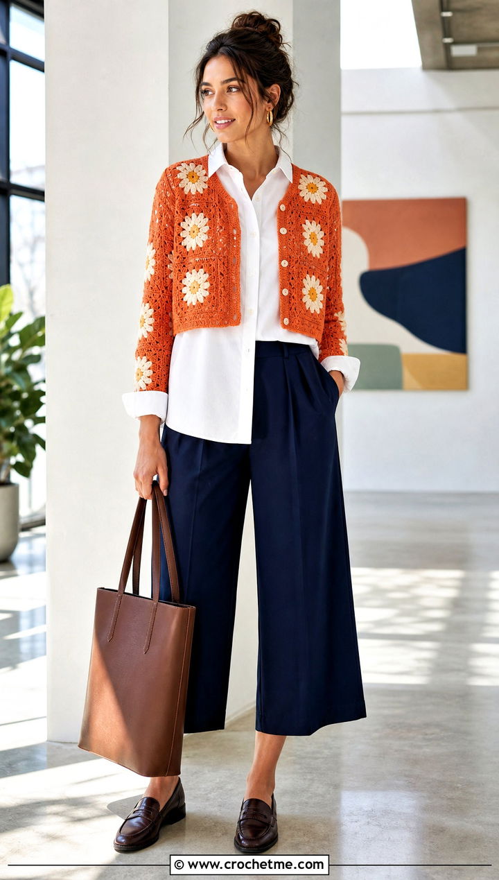 Cropped Daisy Cardigan With Poplin Shirt And Culottes - 30 crochet flower cardigan outfit ideas