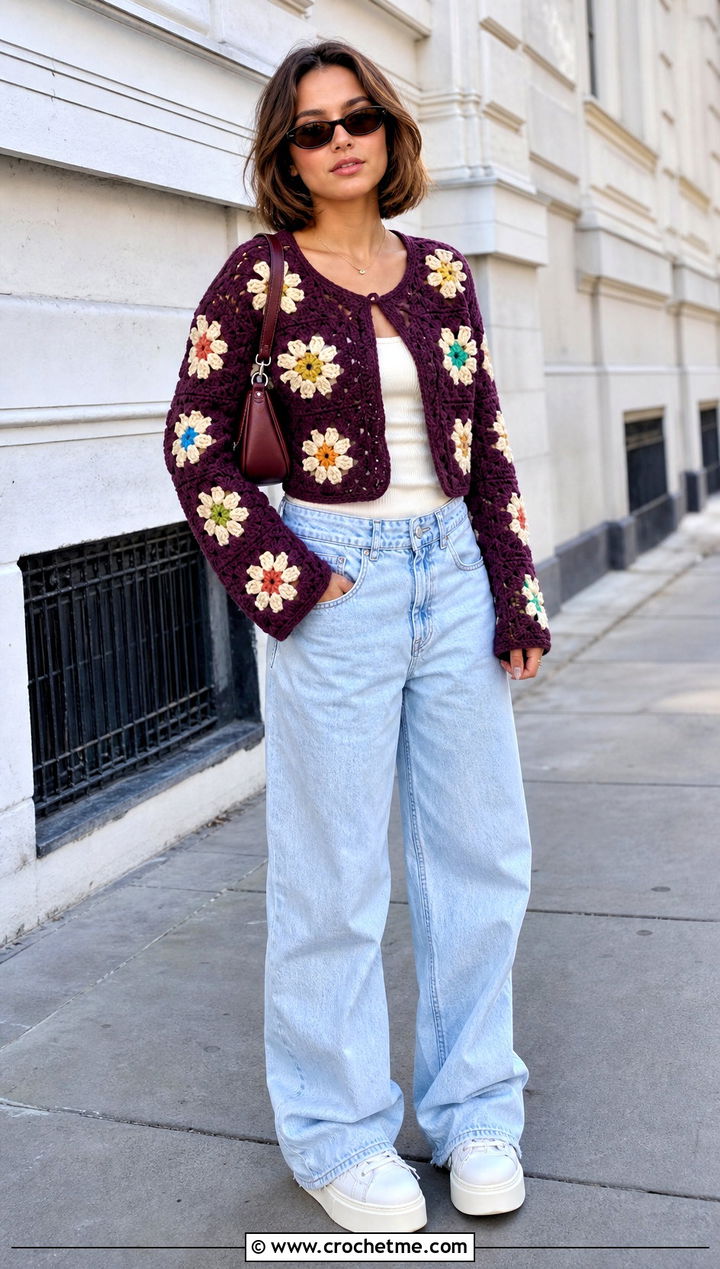 Cropped Daisy Granny Square Cardigan With Baggy Jeans - 30 crochet granny squares cardigan outfit ideas