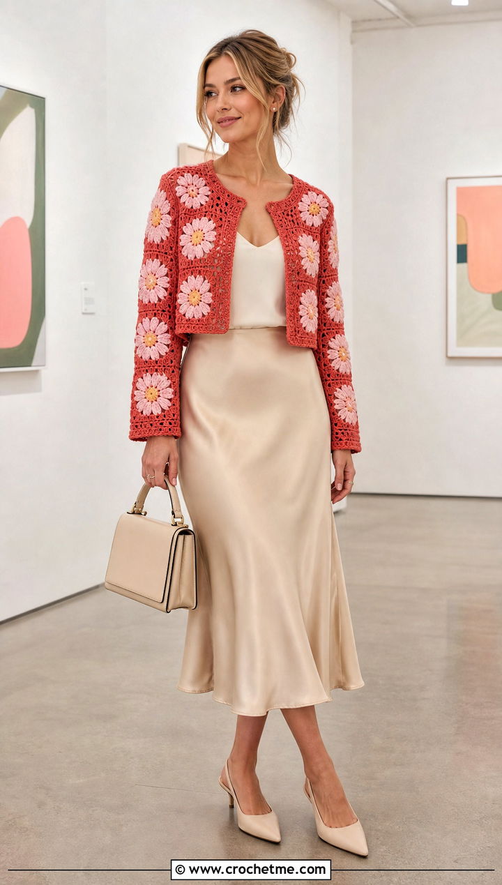 Cropped Daisy Granny Square Cardigan With Satin Midi Skirt - 25 Daisy Granny Square Cardigan outfit ideas
