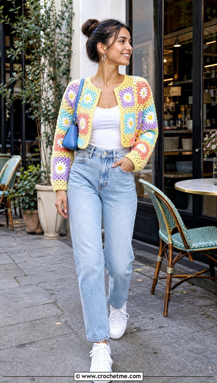 Cropped Daisy Granny Square Cardigan With Straight Leg Jeans - 25 pastel granny square cardigan outfit ideas