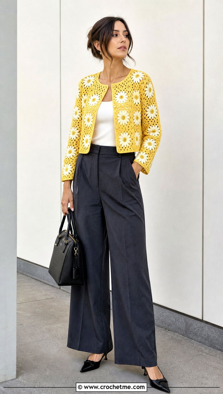 Cropped Daisy Granny Square Cardigan With Wide Leg Trousers - 15 Granny Square Cardigan Sweaters & Cardigans outfit ideas