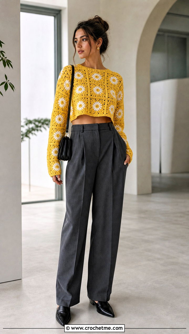 Cropped Daisy Granny Square Sweater With Pleated Trousers - 25 Fall Granny Square Sweater outfit ideas