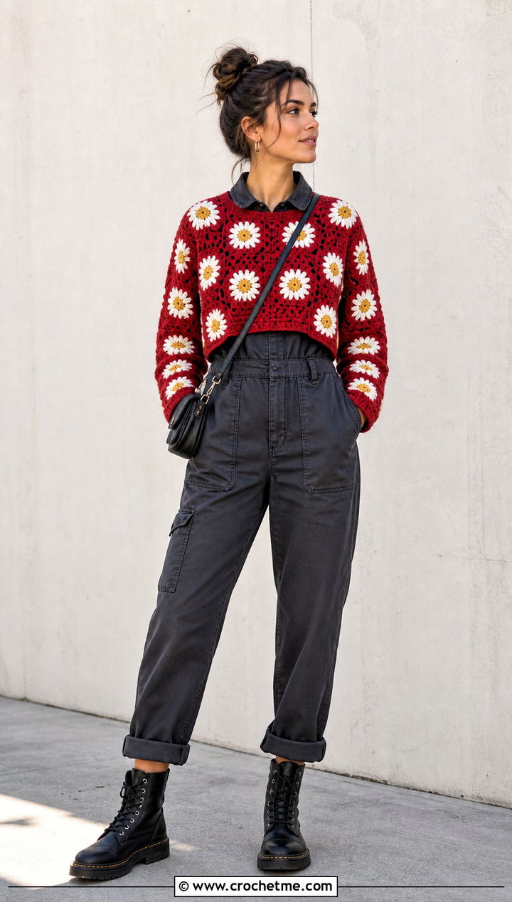 Cropped Daisy Granny Square Sweater With Utility Jumpsuit - 25 granny square stitch sweater outfit ideas
