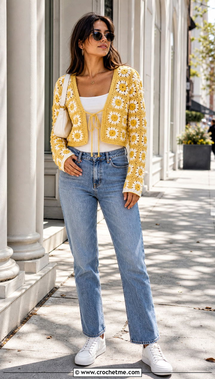 Cropped Daisy Granny Square Tie Cardigan With Straight Leg Jeans - 25 Granny Square Tie Cardigan outfit ideas