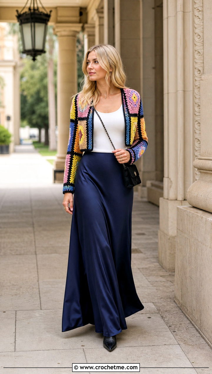 Cropped Diamond Howls Crochet Jacket With Maxi Skirt - 25 Howl's Crochet Jacket outfit ideas