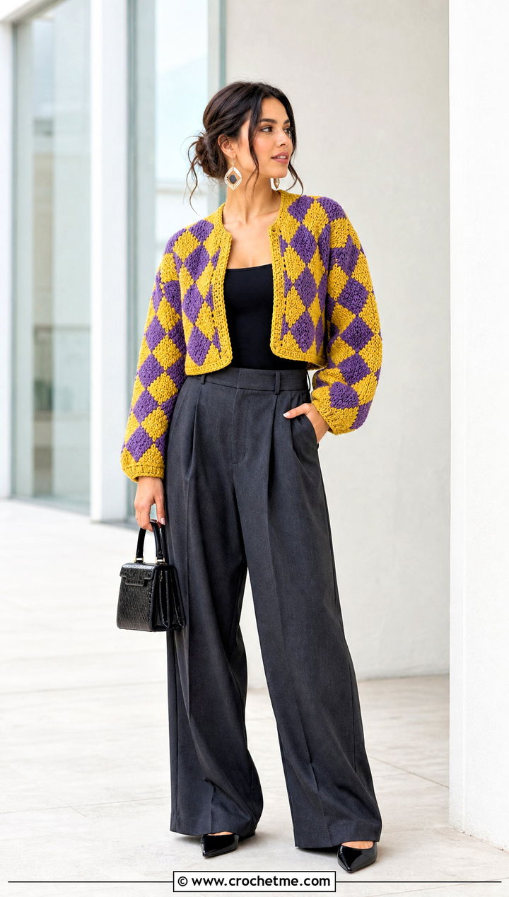 Cropped Diamond Howls Crochet Jacket With Wide Leg Trousers - 25 Howls Crochet Jacket outfit ideas