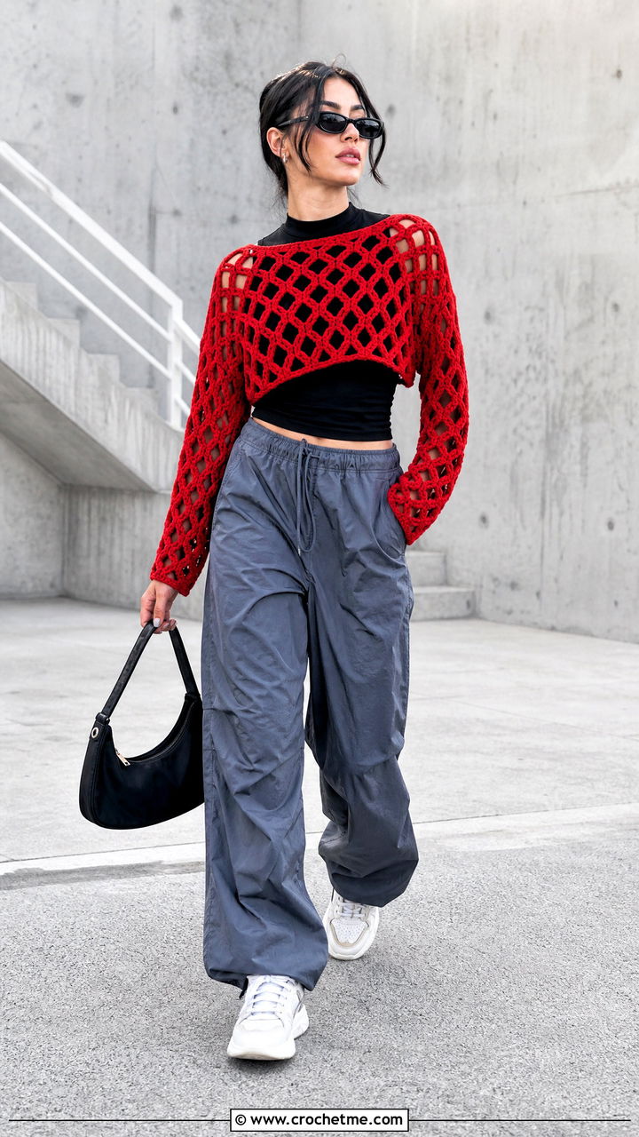 Cropped Diamond Mesh Top With Parachute Pants - 35 crochet net top outfit ideas