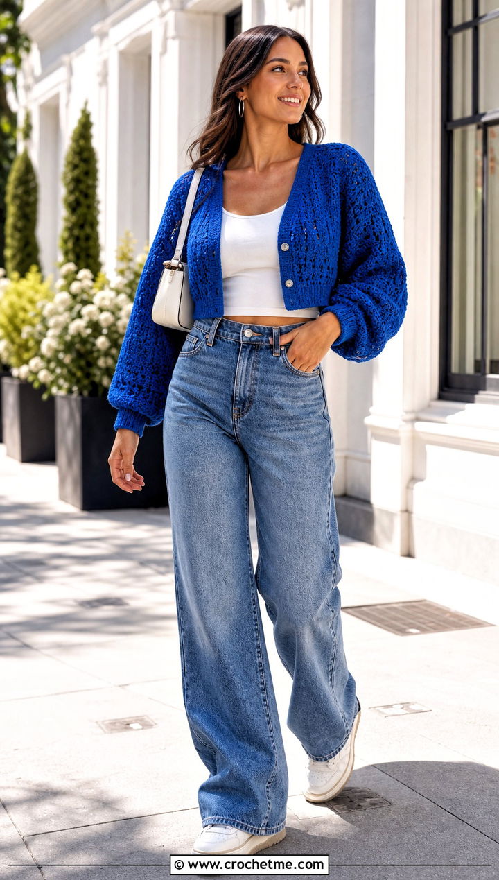 Cropped Double Crochet Cardigan With Wide Leg Jeans - 25 Double Crochet Cardigan outfit ideas
