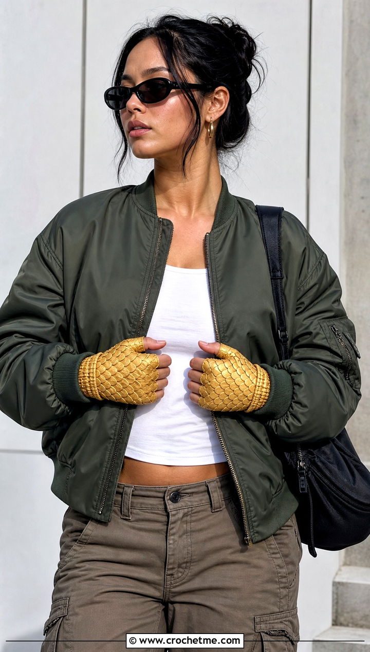 Cropped Dragon Scale Wrist Gloves With Bomber Jacket - 30 dragon scale crochet gloves outfit ideas