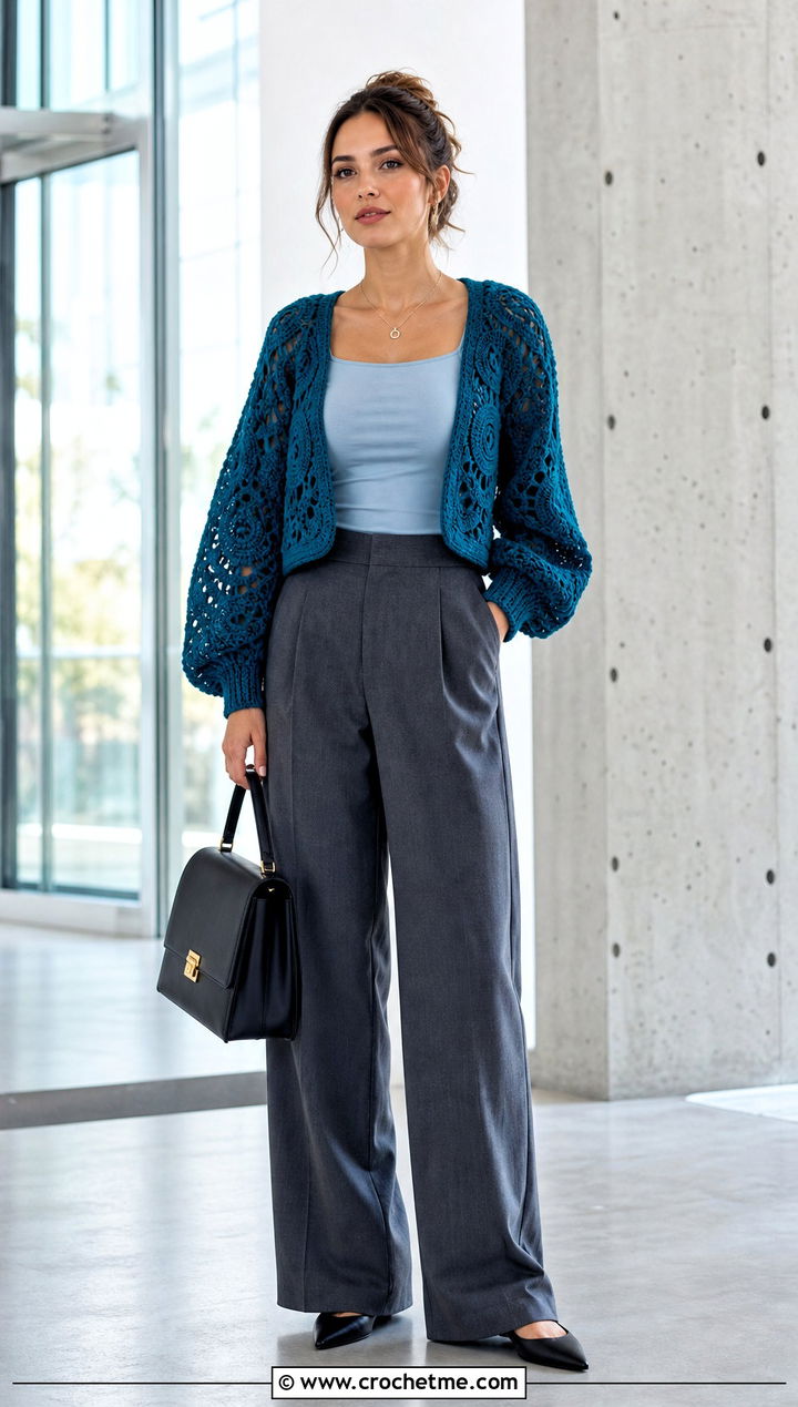 Cropped Dream Catcher Cocoon Cardigan With Wide Leg Trousers - 25 dream catcher crochet cardigan outfit ideas