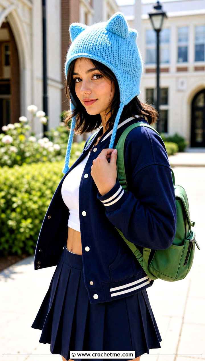 Cropped Ear Flap Finn Hat With Varsity Jacket And Pleated Skirt - 30 crochet adventure time finn hat outfit ideas