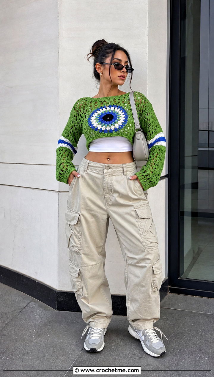 Cropped Evil Eye Pullover With Cargo Pants - 20 Evil Eye Crochet Sweater outfit ideas