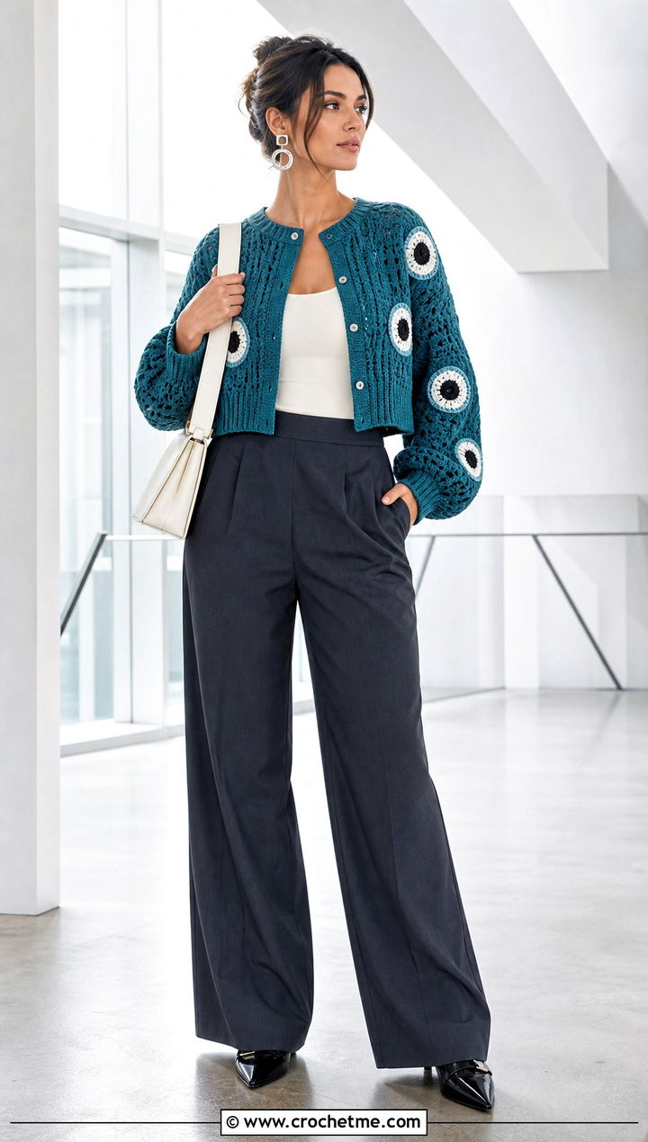 Cropped Eyeball Cardigan With Tailored Wide Leg Pants - 15 Crochet Eyeball Cardigan outfit ideas